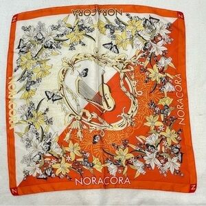 Noracora Silk Orange Cream Silk Scarf orchestra harp bass butterflies 22”x22” 